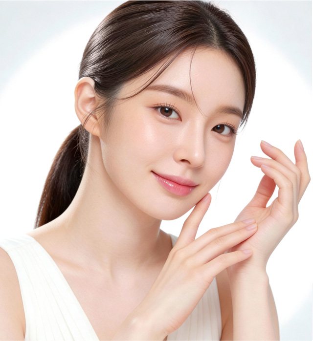 두 손을 턱선에 댄 광고 모델