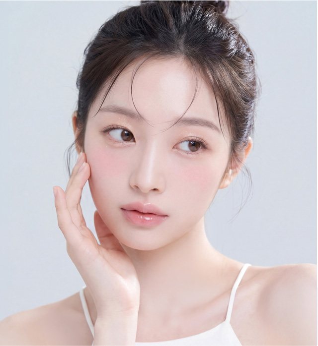 한 손을 볼에 댄 광고 모델