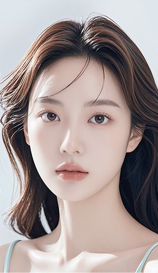 연하늘 회색 바탕, 긴 웨이브 머리 여성 광고 모델 정면 얼굴